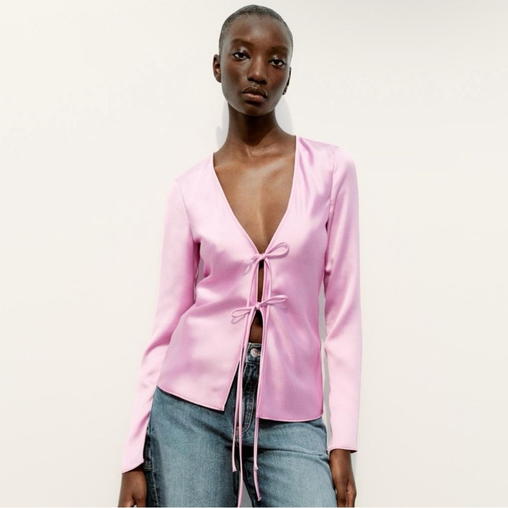 NWT Zara Pink Satin Effect Tie Front Top